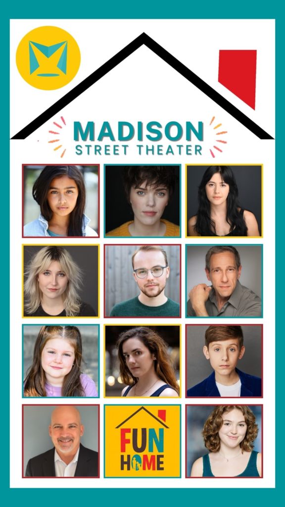 Cast photo for Madison Street Theater's production of Fun Home. 11 cast members arranged in "Brady-Bunch" style headshot squares with the Fun Home Logo shape as the 12th square. They are arraged four tall and three wide to form the body of the Fun Home logo house shape.
