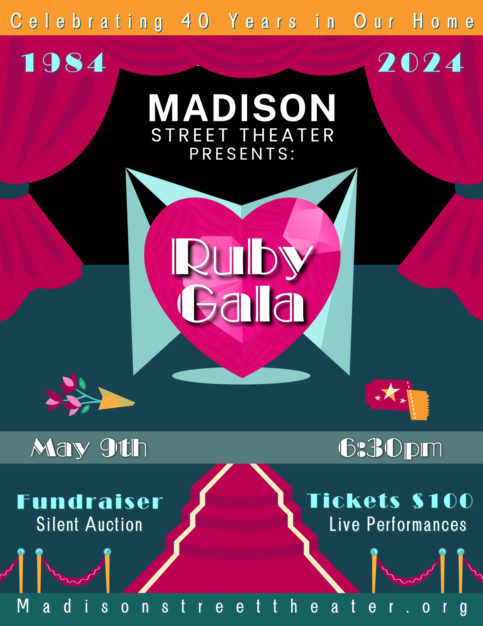 Celebrating 40 Years in Oak Park 1984-2024 Madison Street Theater presents: Ruby Gala May 9th 6:30pm Fundraiser Tickets $100 Madisonstreettheater.org